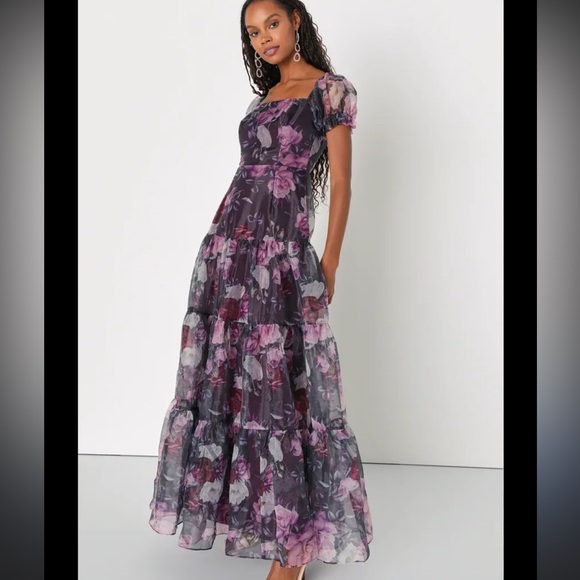 NWT Delightful Expression Black Floral Organza Tiered Maxi Dress Small $148 - Picture 4 of 11